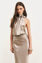 Crushed Satin Bias Cut Maxi Skirt - Pebble