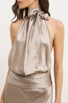 Crushed Satin Backless Halterneck Top - Pebble