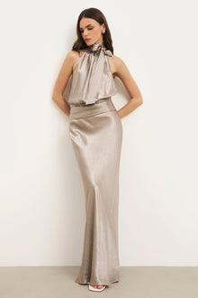 Crushed Satin Bias Cut Maxi Skirt - Pebble
