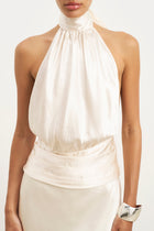 Crushed Satin Backless Halterneck Top - Champagne