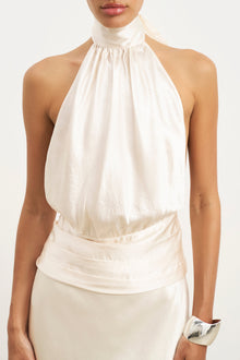 Crushed Satin Backless Halterneck Top - Champagne