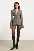 Single Breasted Cinched Waist Blazer - Houndstooth