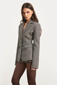 Single Breasted Cinched Waist Blazer - Houndstooth