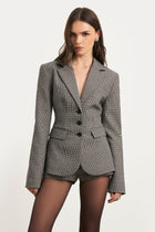 Single Breasted Cinched Waist Blazer - Houndstooth