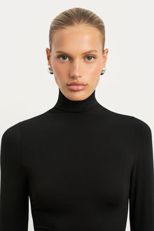 Semi Sheer High Neck Longsleeve Top -  Black