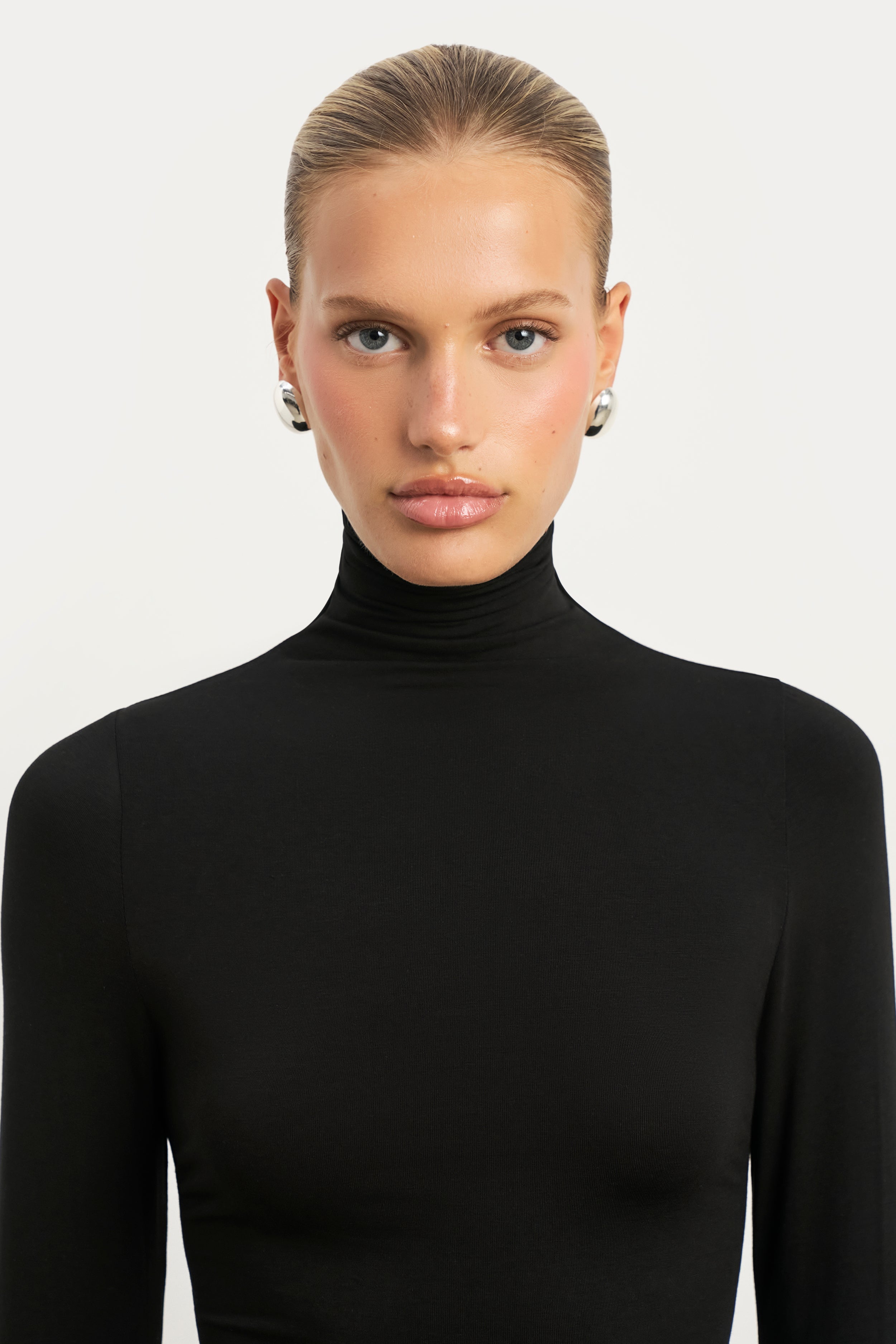 Semi Sheer High Neck Longsleeve Top -  Black