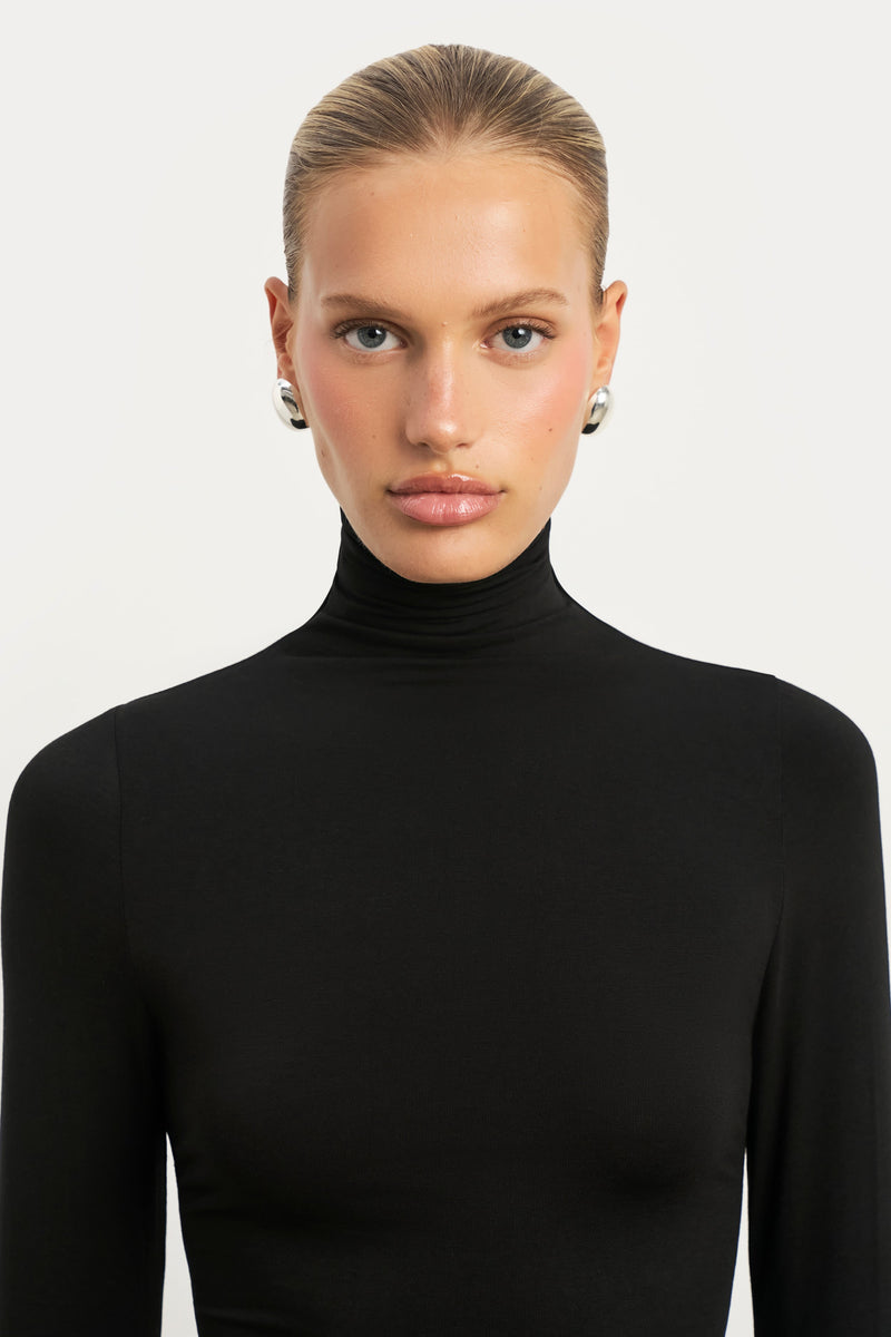 Semi Sheer High Neck Longsleeve Top -  Black