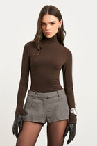 Semi Sheer High Neck Longsleeve Top -  Carob