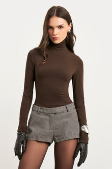 Semi Sheer High Neck Longsleeve Top -  Carob