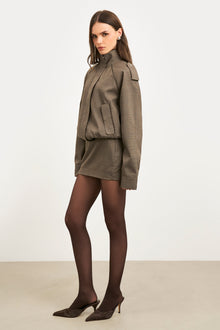 Relaxed High Collar Bomber Jacket - Carob Check