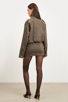 Relaxed High Collar Bomber Jacket - Carob Check