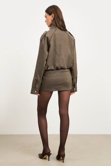 Relaxed High Collar Bomber Jacket - Carob Check