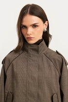 Relaxed High Collar Bomber Jacket - Carob Check
