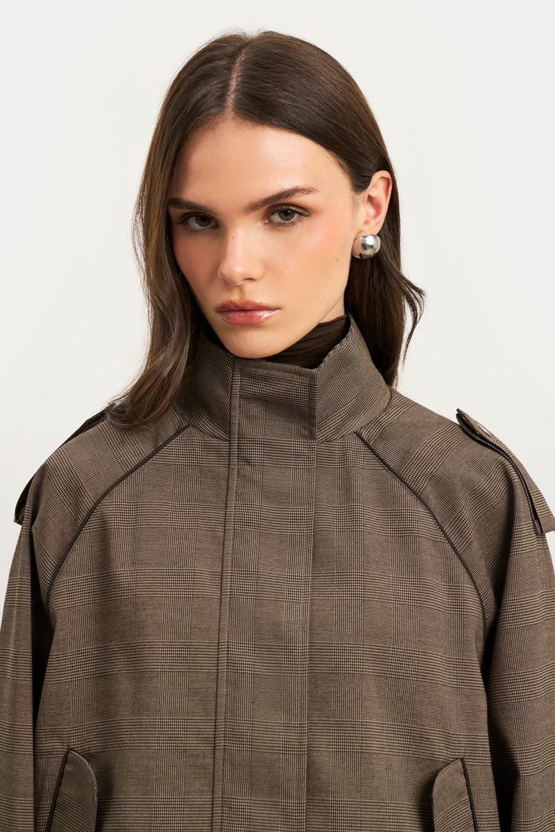 Relaxed High Collar Bomber Jacket - Carob Check