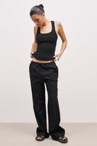 Linen Drawstring Wide Leg Trousers - Black