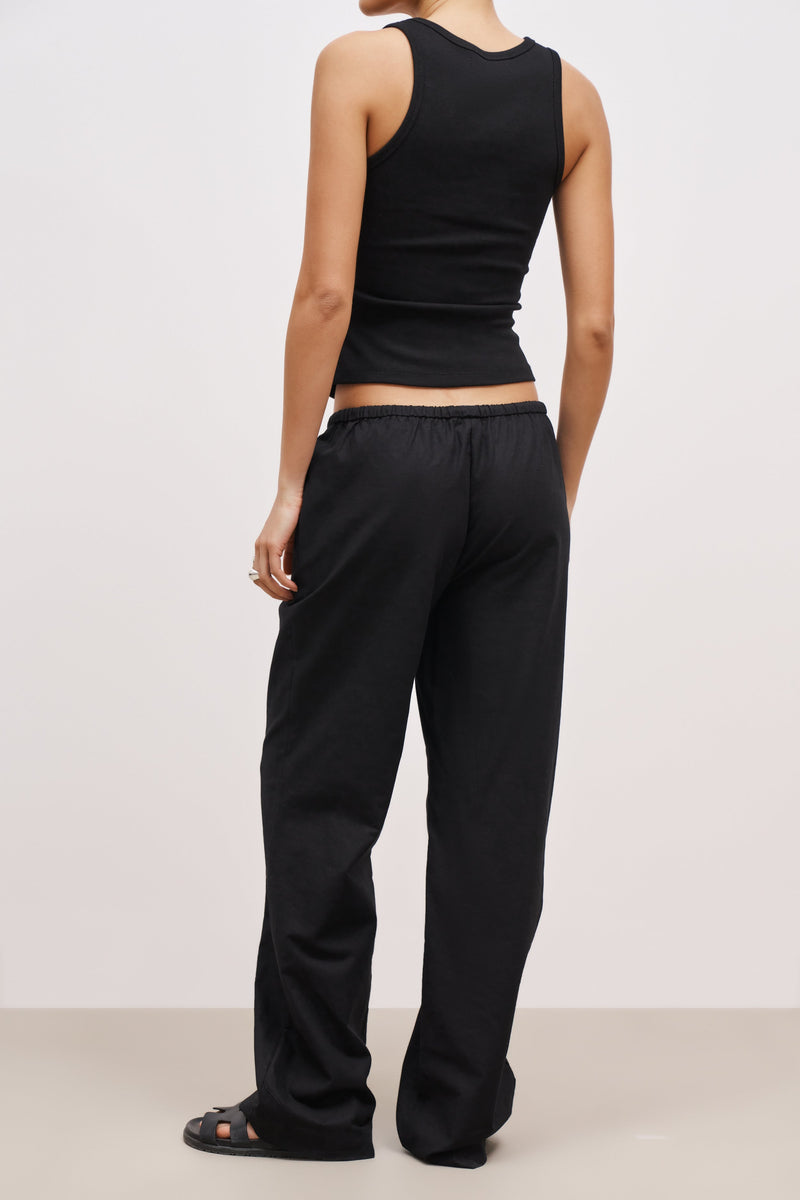 Linen Drawstring Wide Leg Trousers - Black