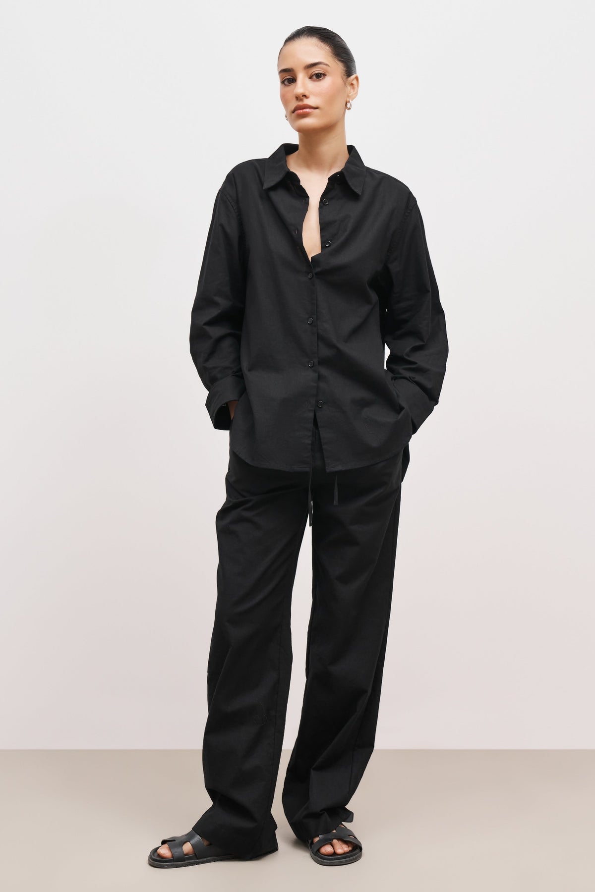 Linen Long Sleeve Boyfriend Shirt - Black