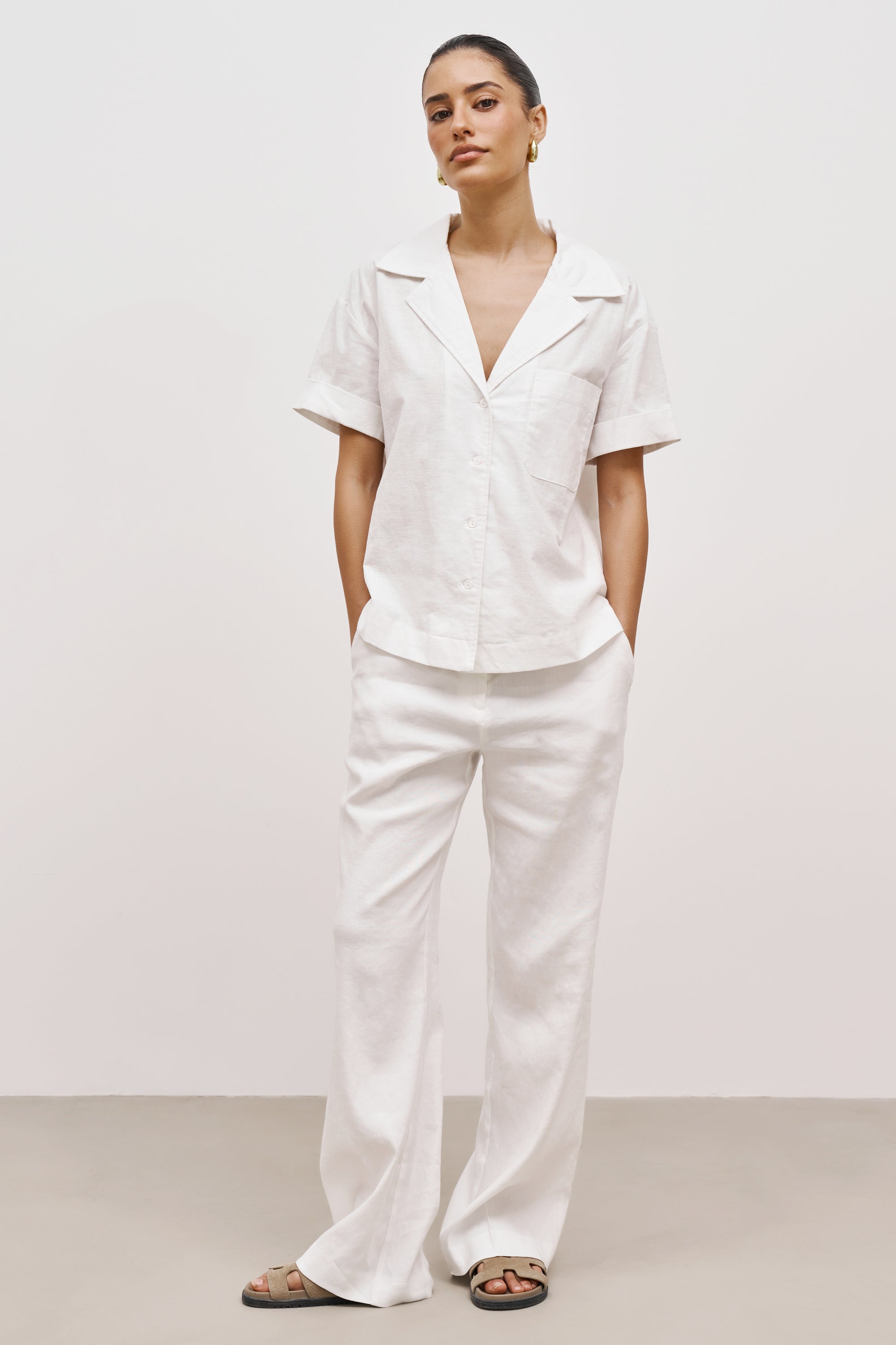 Linen Short Sleeve Bowling Shirt - White