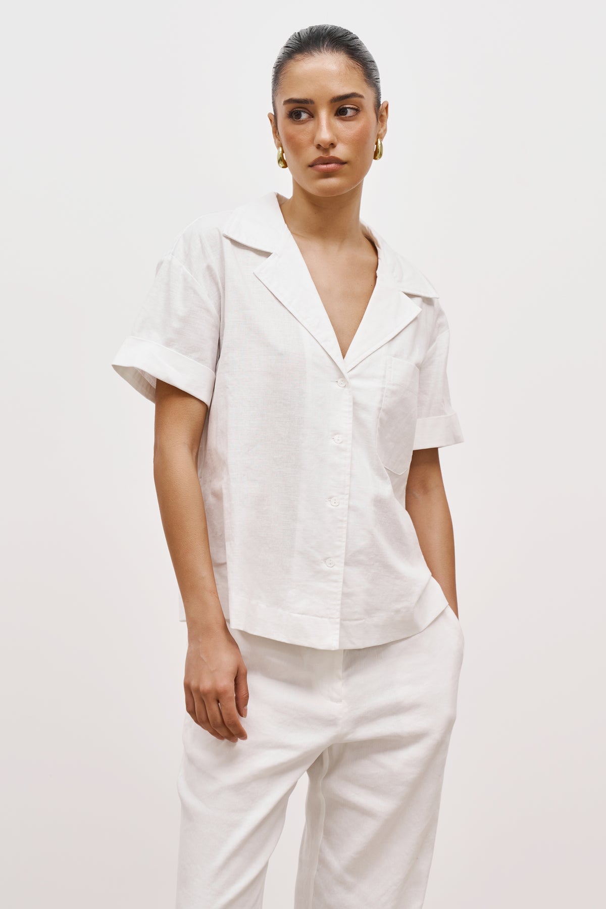 Linen Short Sleeve Bowling Shirt - White
