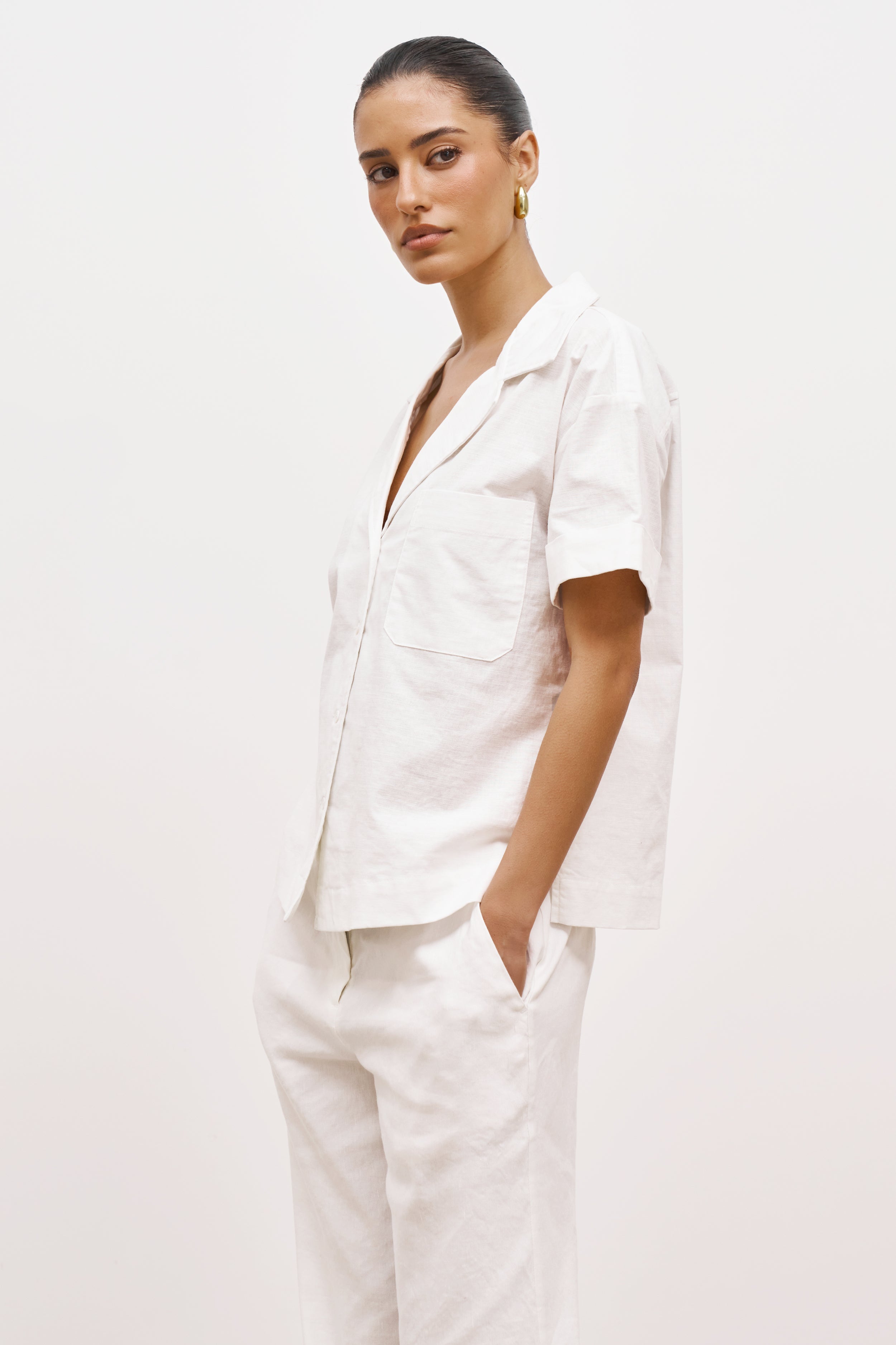 Linen Short Sleeve Bowling Shirt - White