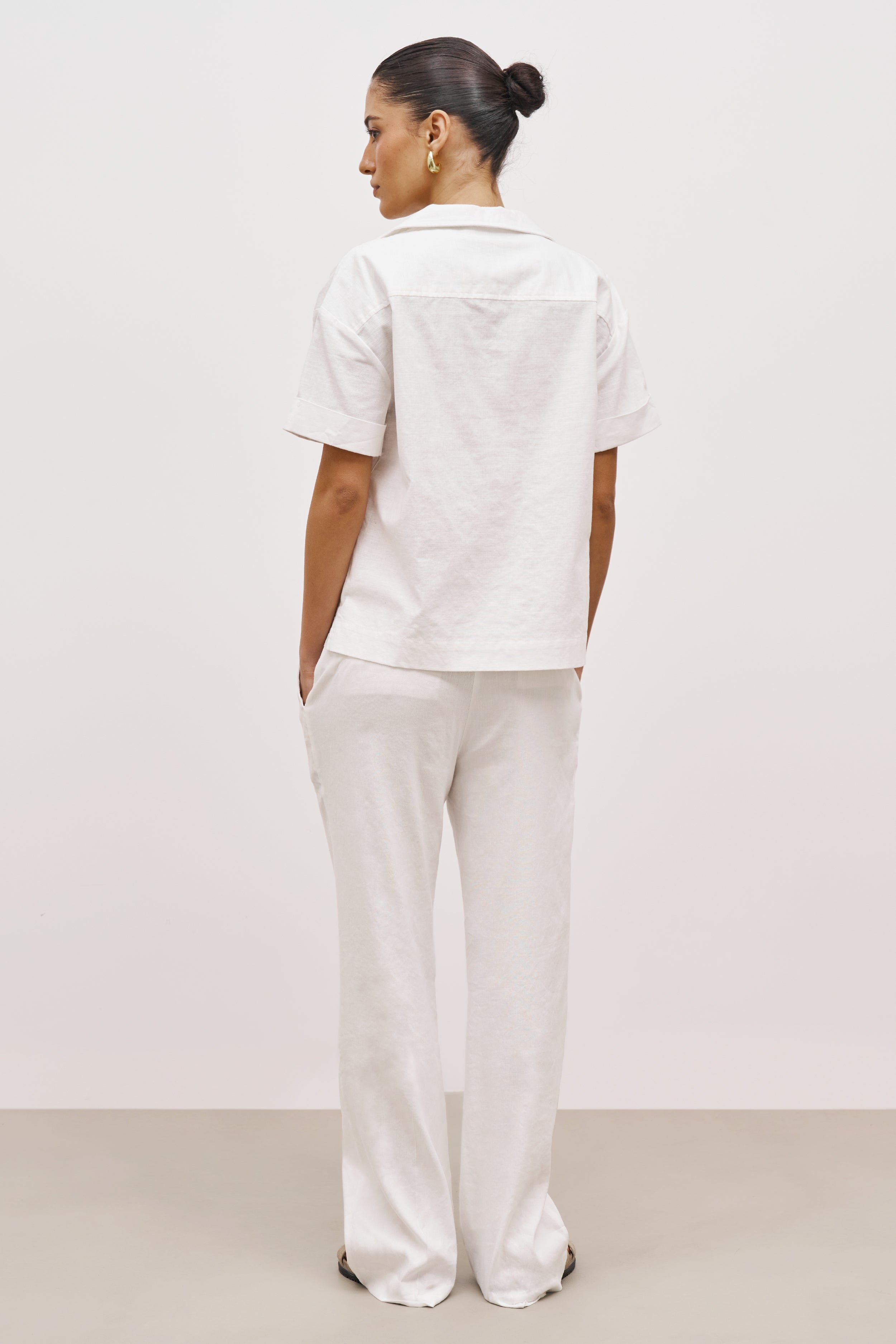 Linen Short Sleeve Bowling Shirt - White