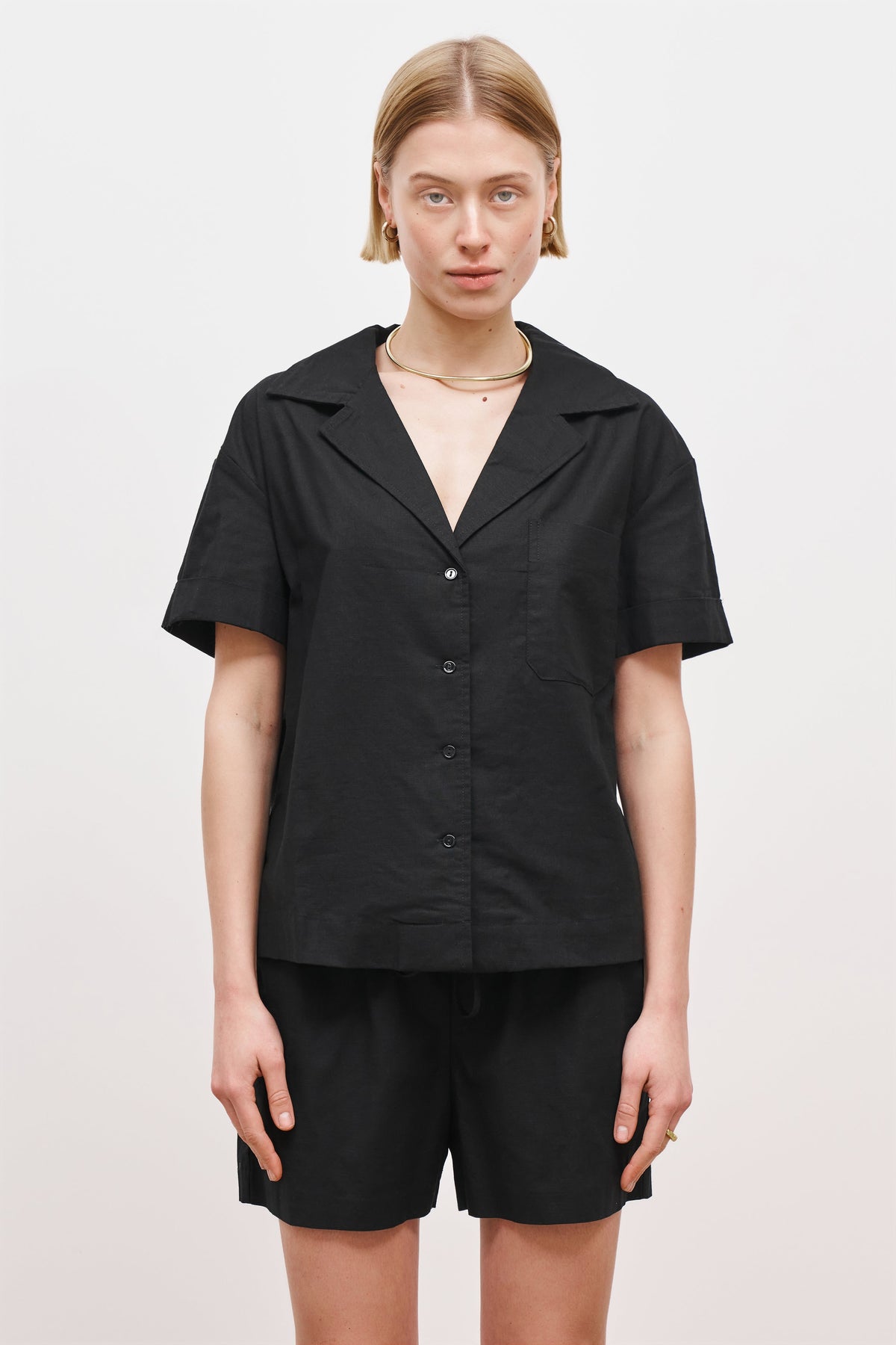 Linen Short Sleeve Bowling Shirt - Black