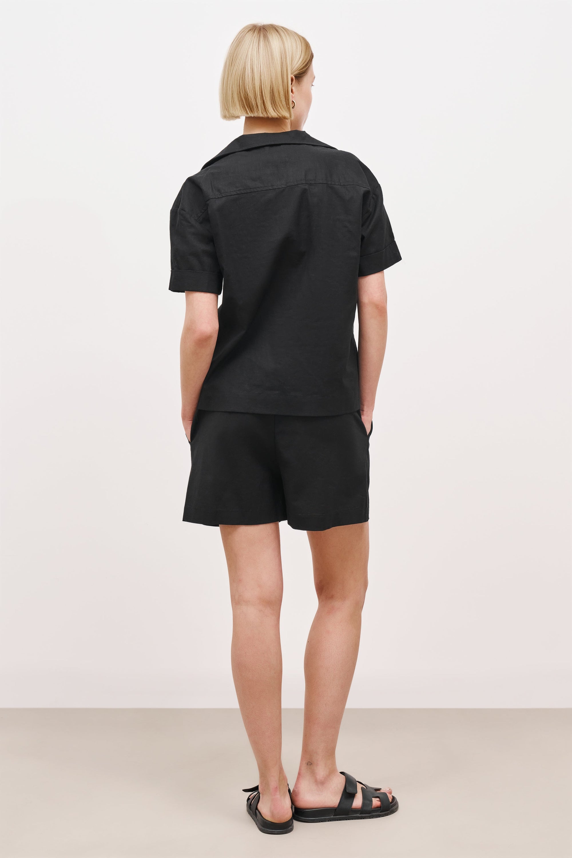 Linen Short Sleeve Bowling Shirt - Black