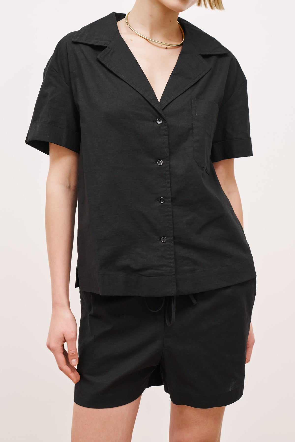 Linen Short Sleeve Bowling Shirt - Black