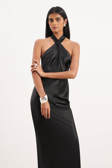 Satin Cross Strap Halter Gown - Black
