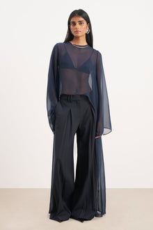 Box Pleat Tailored Wide Leg Trousers -  Navy