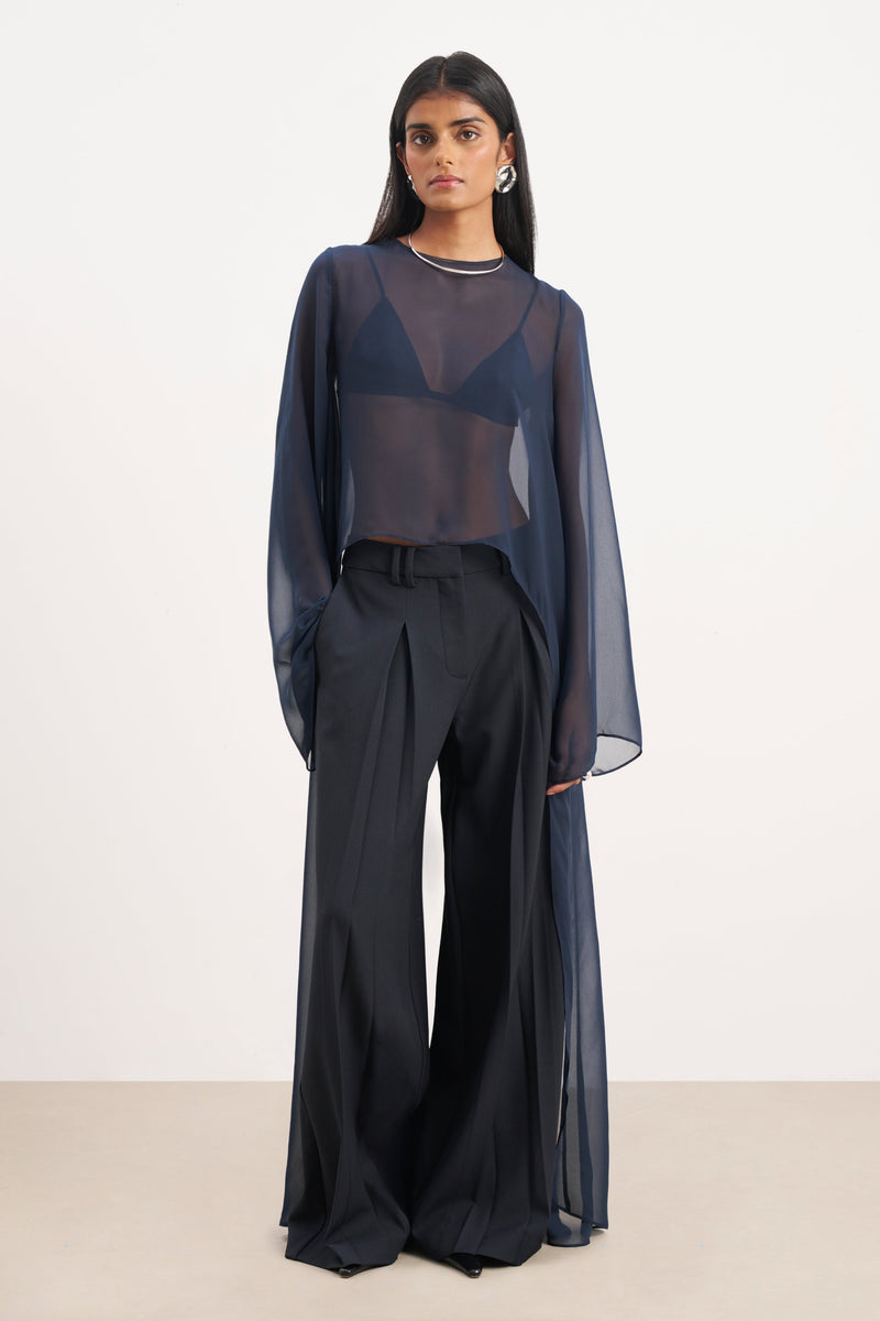 Box Pleat Tailored Wide Leg Trousers -  Navy