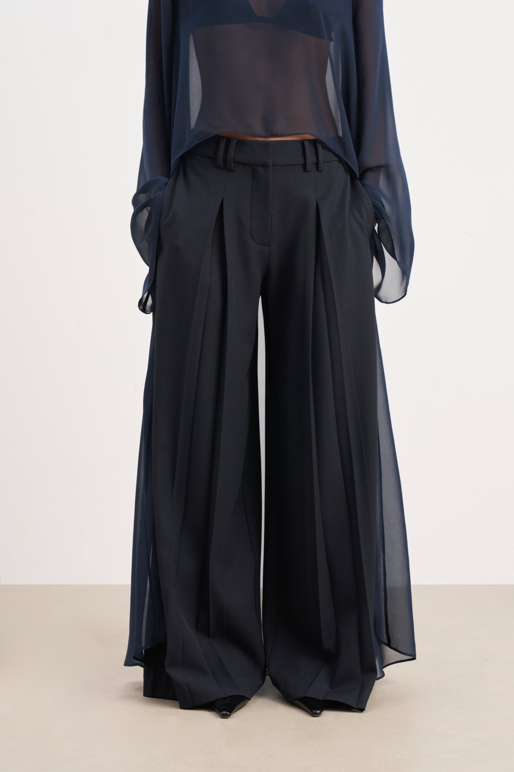 Box Pleat Tailored Wide Leg Trousers -  Navy