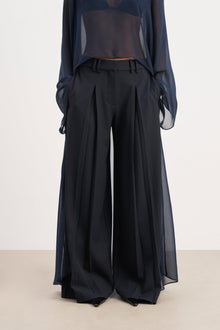 Box Pleat Tailored Wide Leg Trousers -  Navy