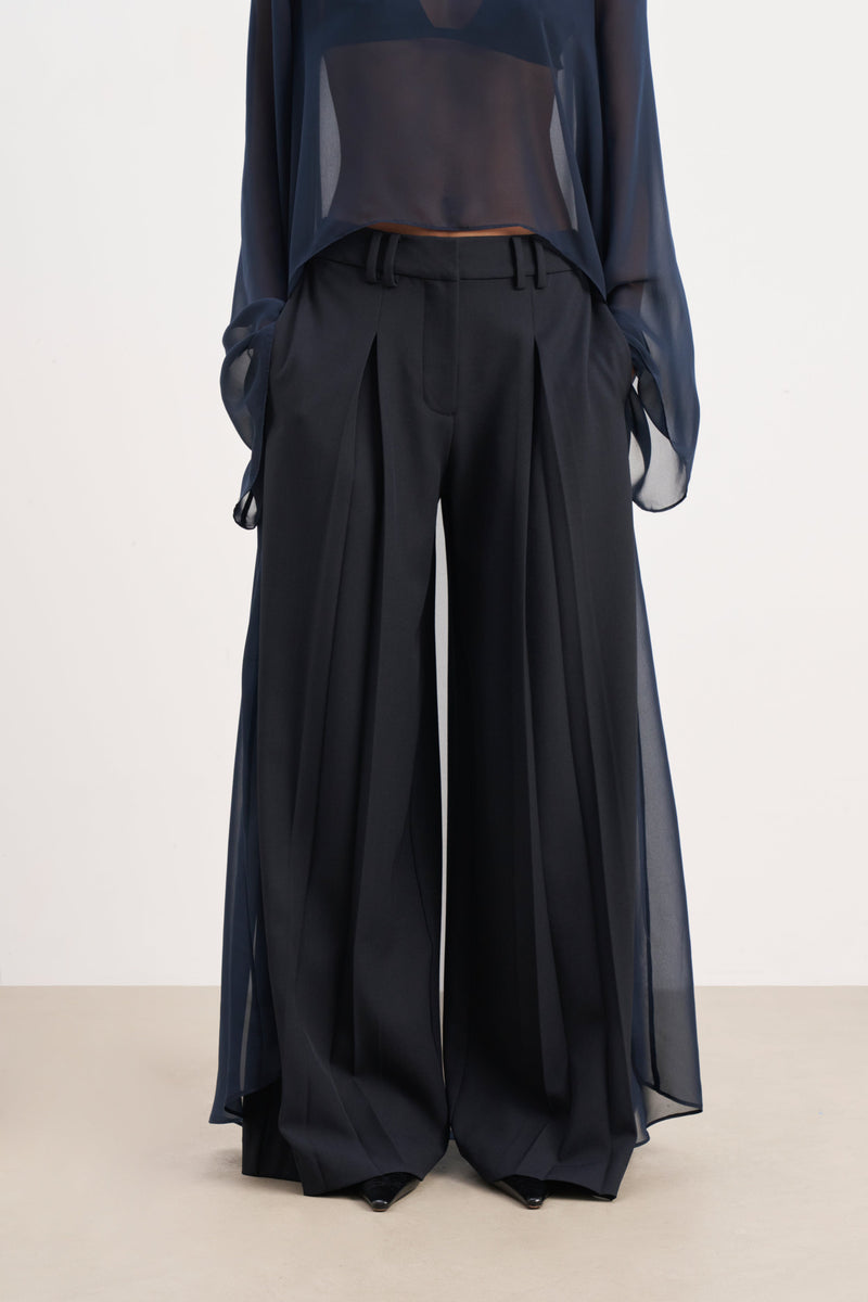 Box Pleat Tailored Wide Leg Trousers -  Navy