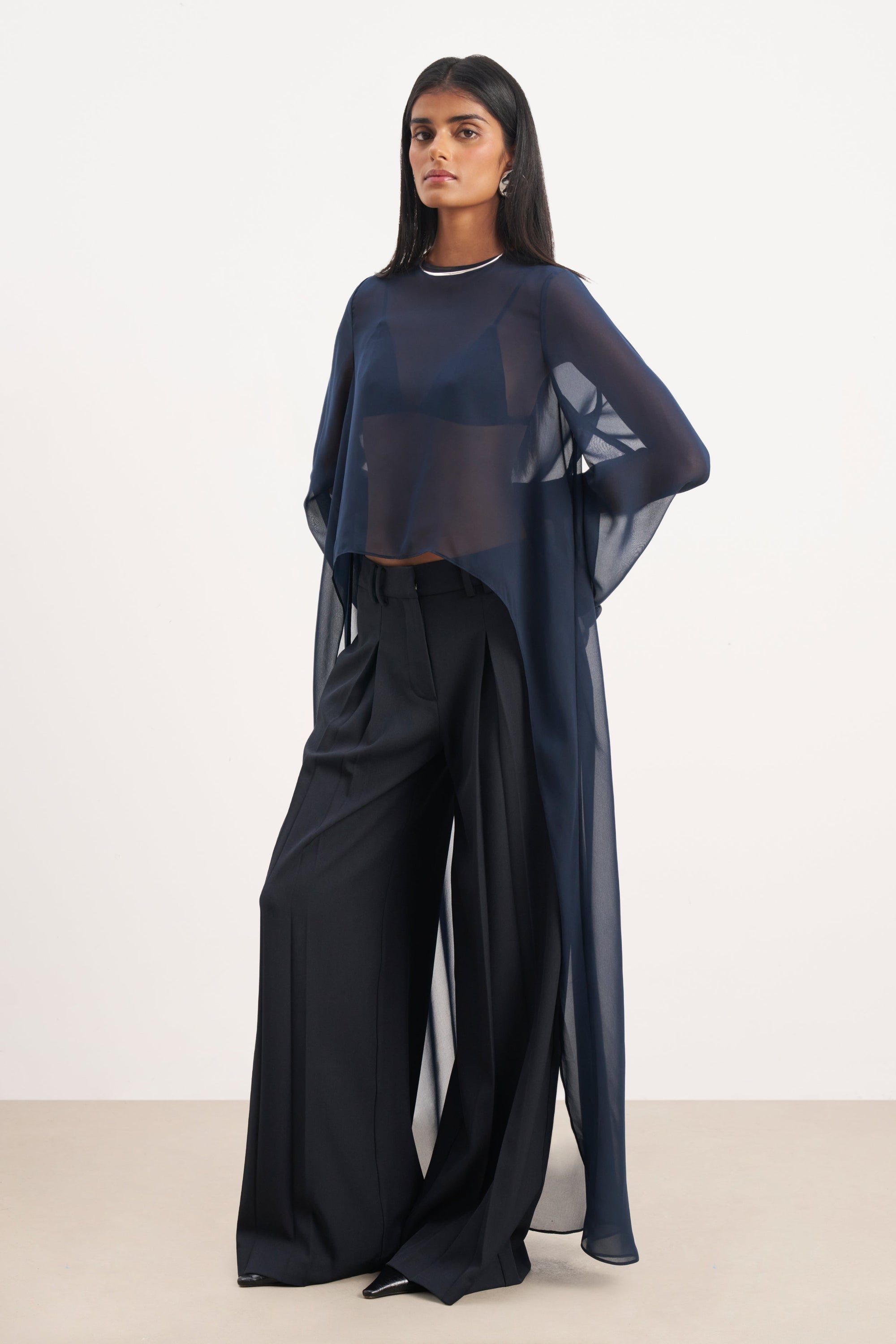 Box Pleat Tailored Wide Leg Trousers -  Navy