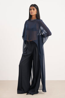 Box Pleat Tailored Wide Leg Trousers -  Navy