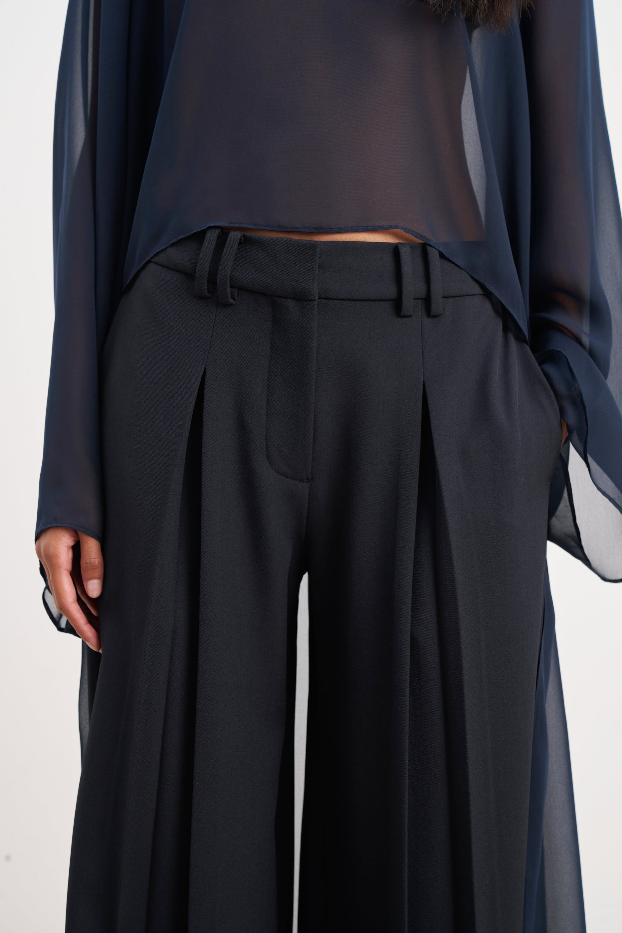 Box Pleat Tailored Wide Leg Trousers -  Navy