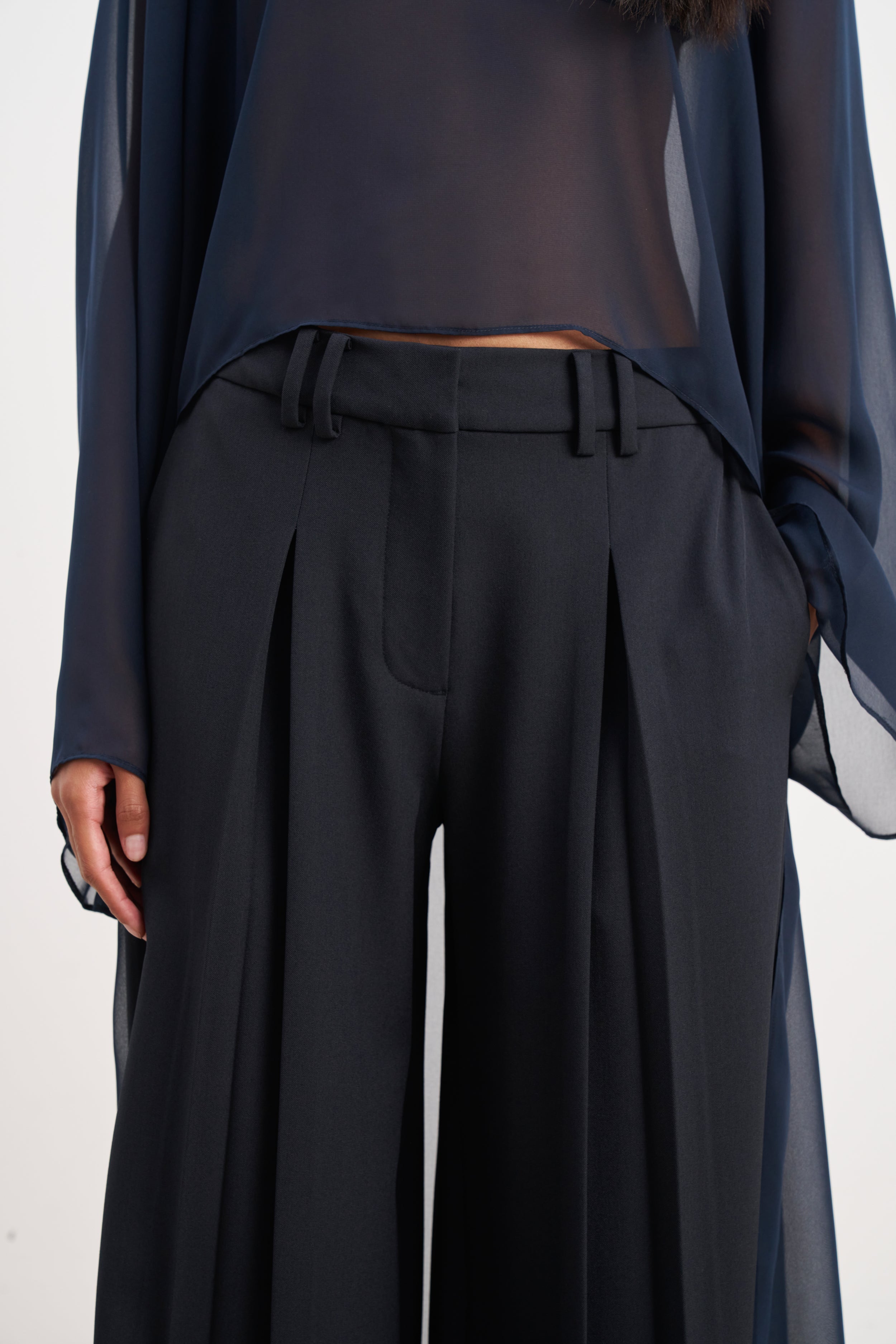 Box Pleat Tailored Wide Leg Trousers -  Navy