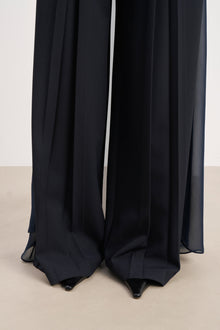 Box Pleat Tailored Wide Leg Trousers -  Navy