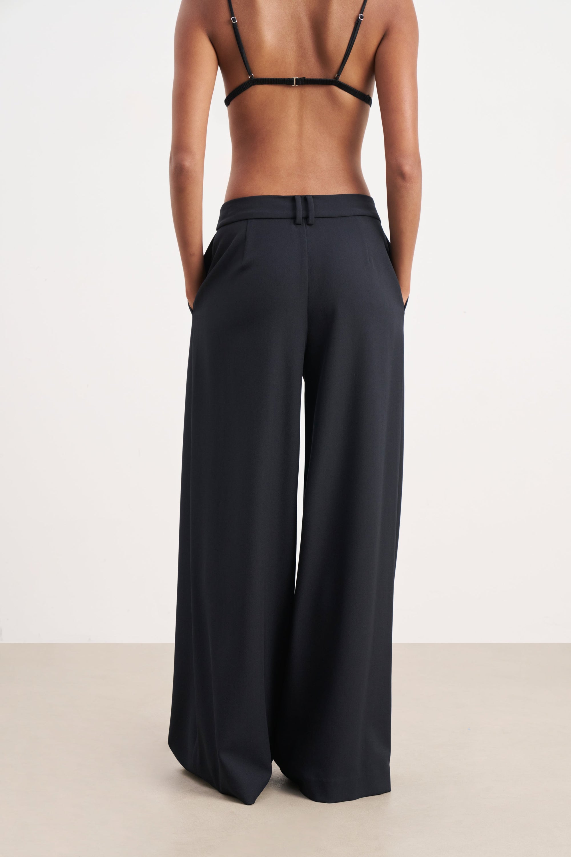 Box Pleat Tailored Wide Leg Trousers -  Navy