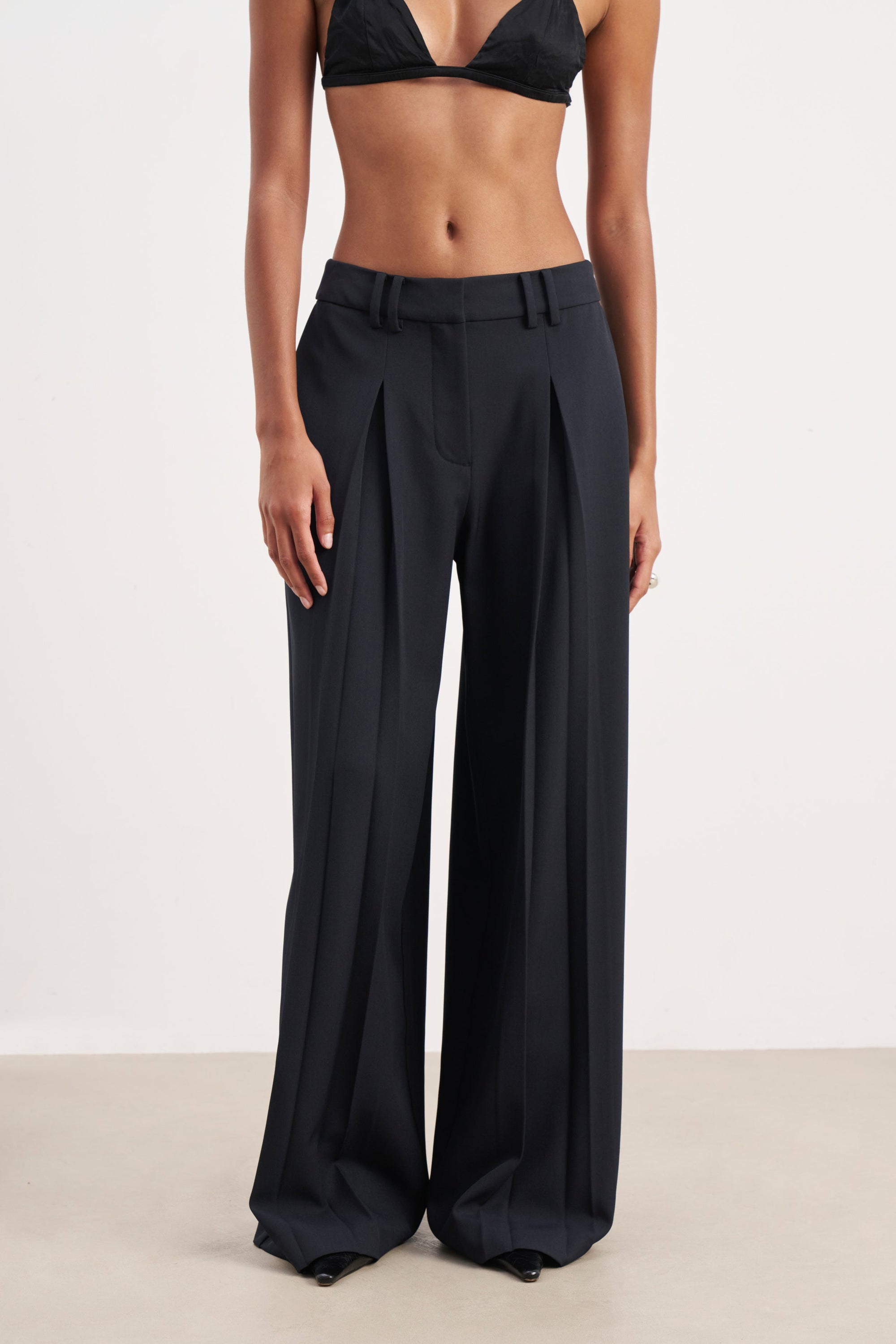 Box Pleat Tailored Wide Leg Trousers -  Navy