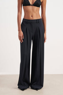 Box Pleat Tailored Wide Leg Trousers -  Navy