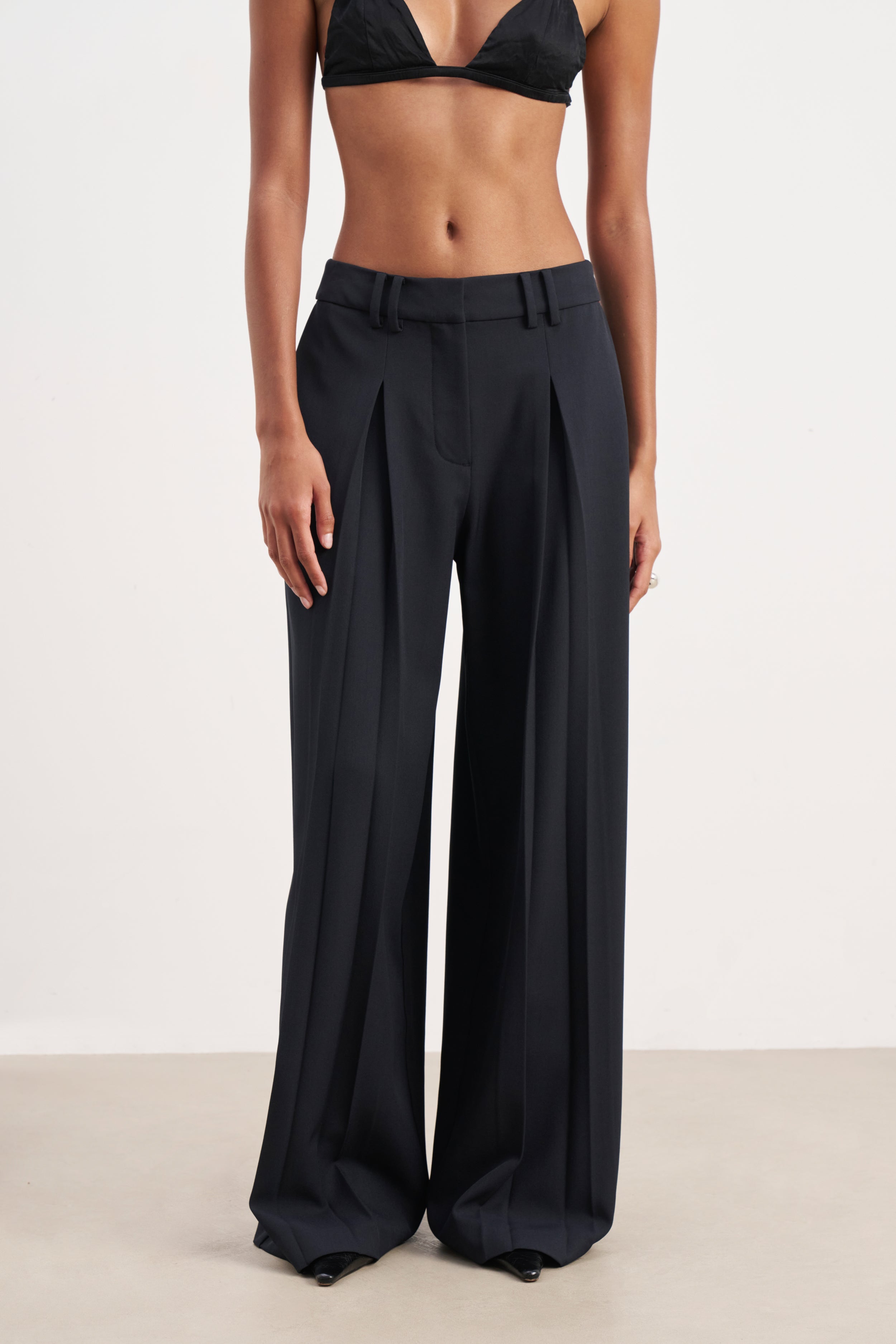 Box Pleat Tailored Wide Leg Trousers -  Navy