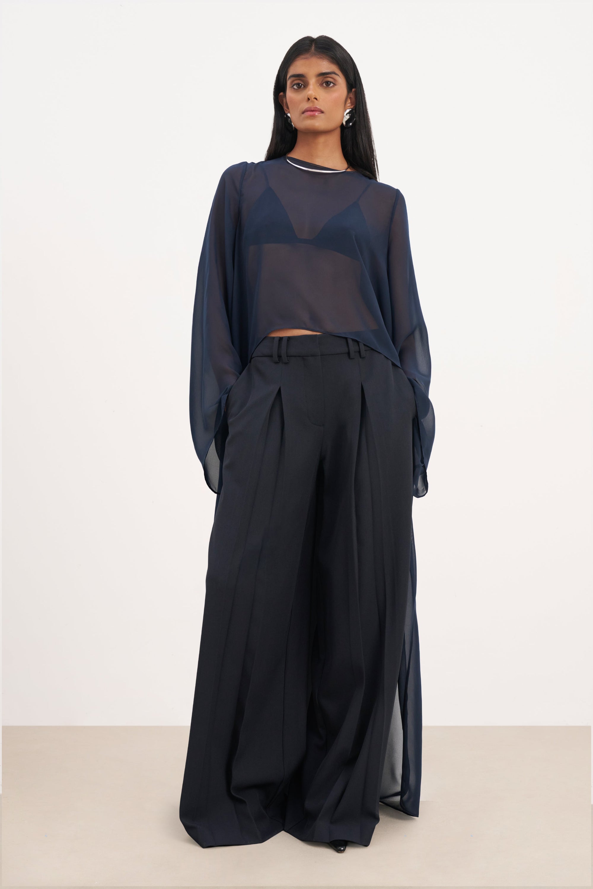 Box Pleat Tailored Wide Leg Trousers -  Navy