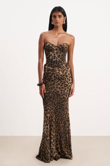 Corset Gown with Draped Hip - Leopard Print