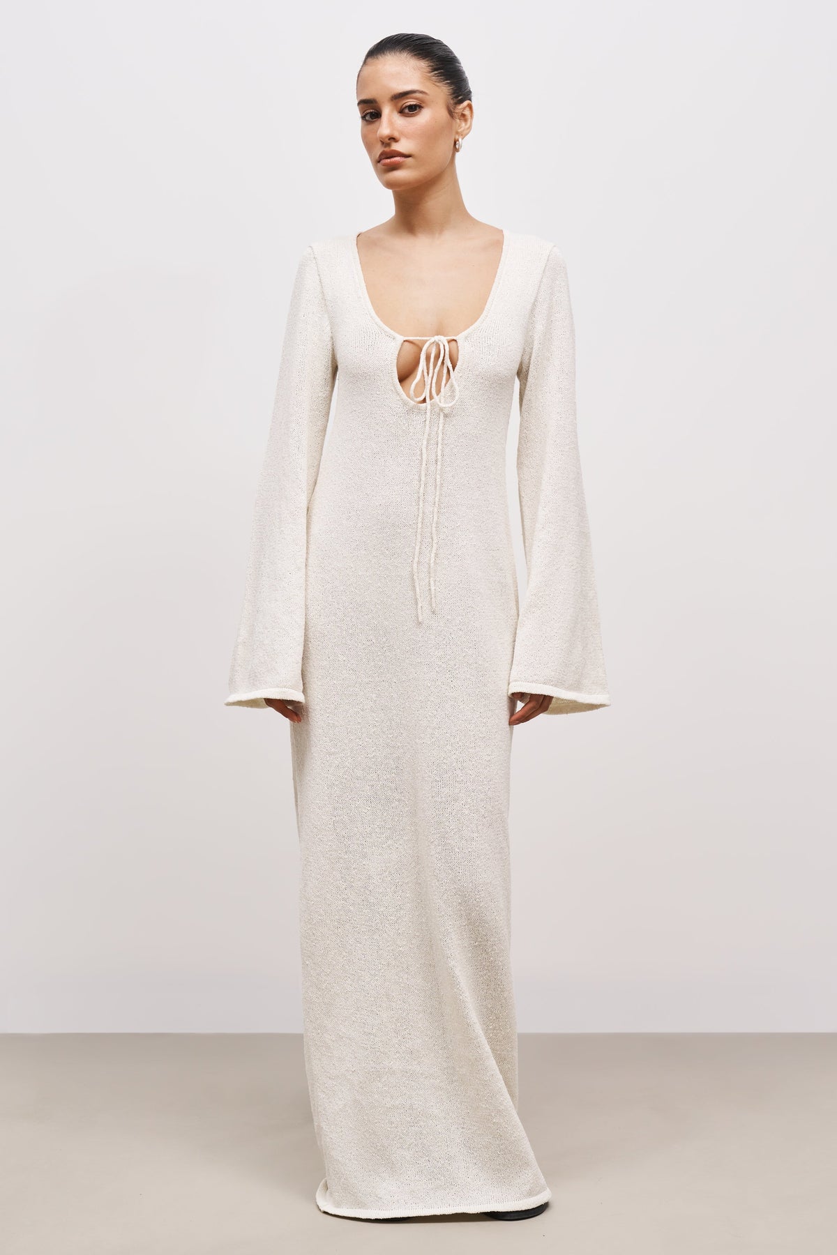 Crochet Knit Long Sleeve Maxi Dress - Cream