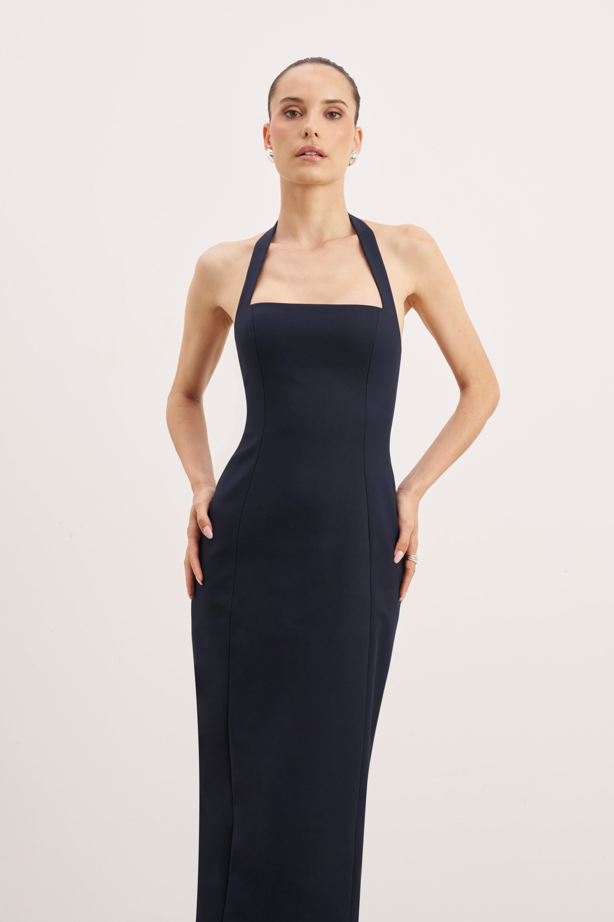 Tailored Halter Midi Dress - Navy