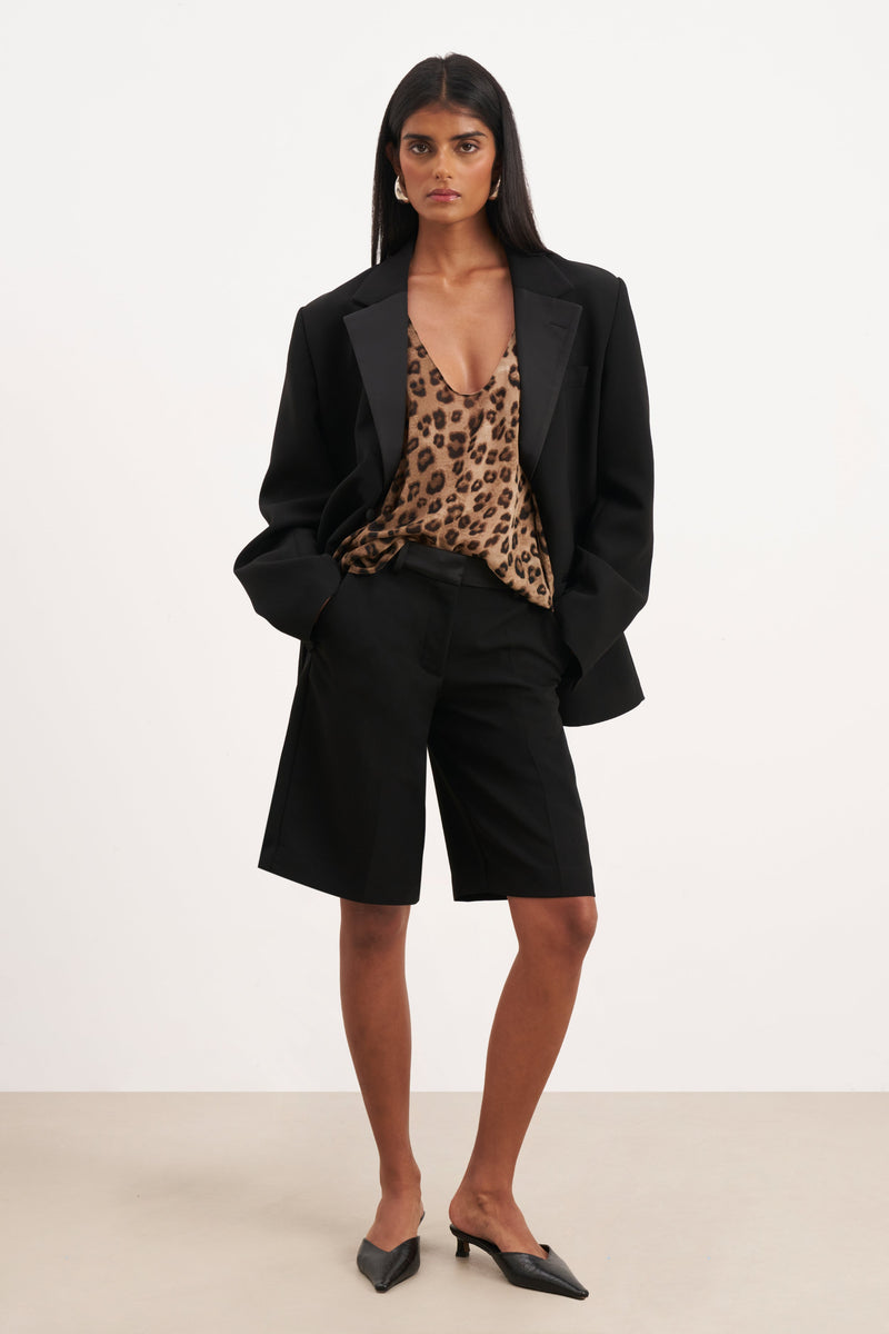 Satin Detail Longline Shorts - Black