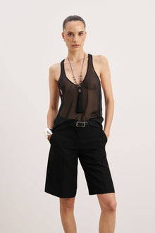 Sheer Plunge U Neck Tank Top - Black