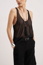 Sheer Plunge U Neck Tank Top - Black